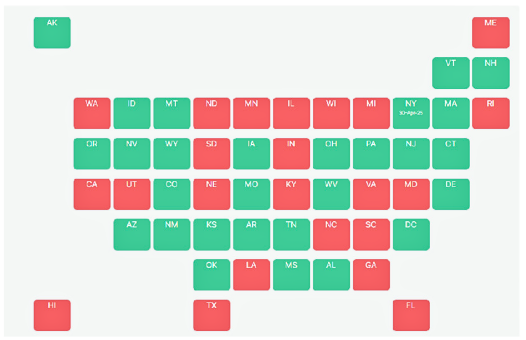 A map of the US with states marked in red or green